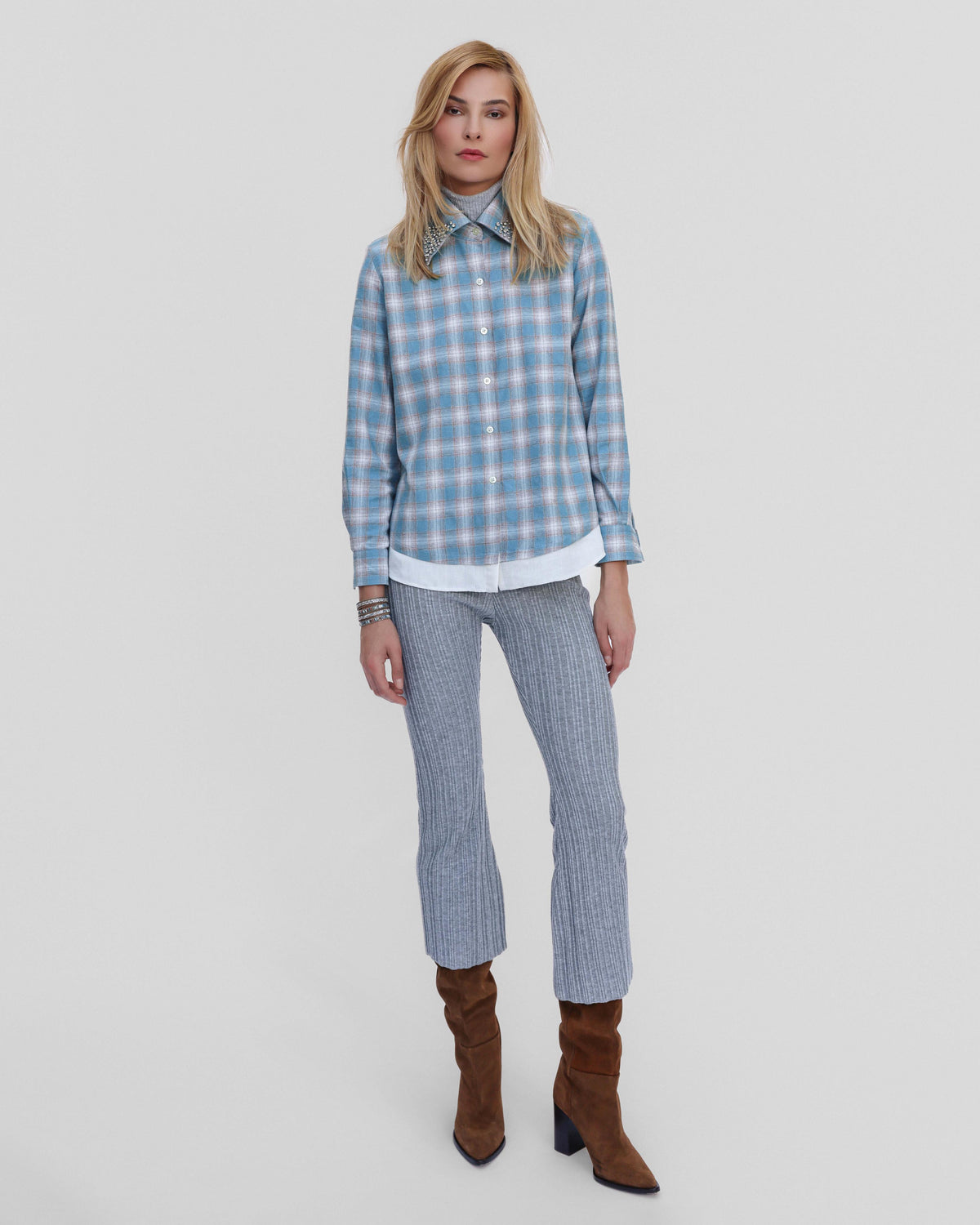 Europa Plaid Flannel Beaded Collar Shirt