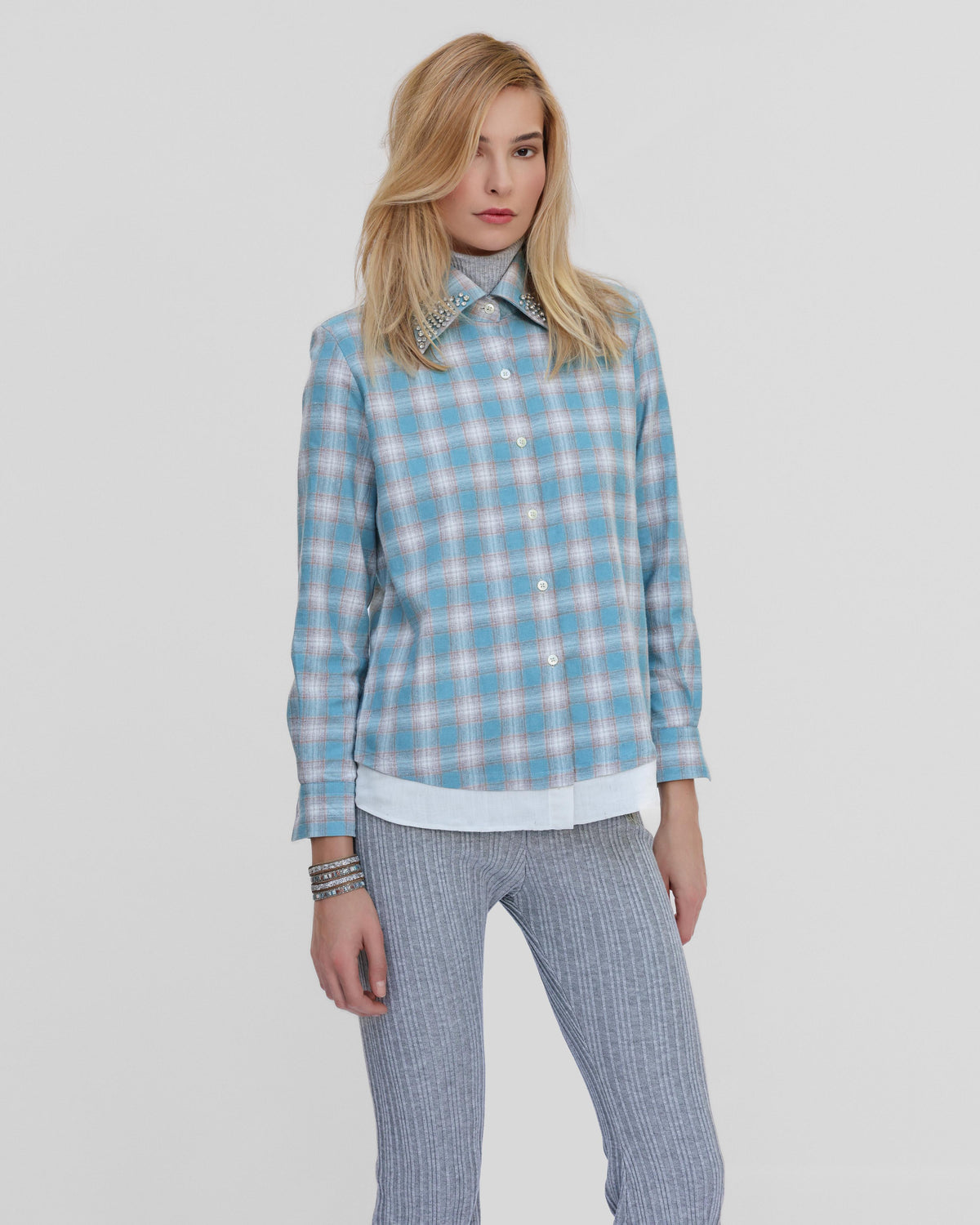 Europa Plaid Flannel Beaded Collar Shirt