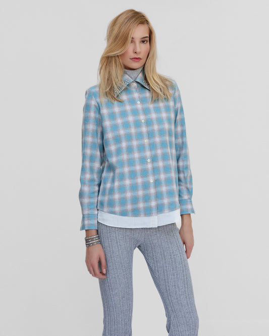 Europa Plaid Flannel Beaded Collar Shirt