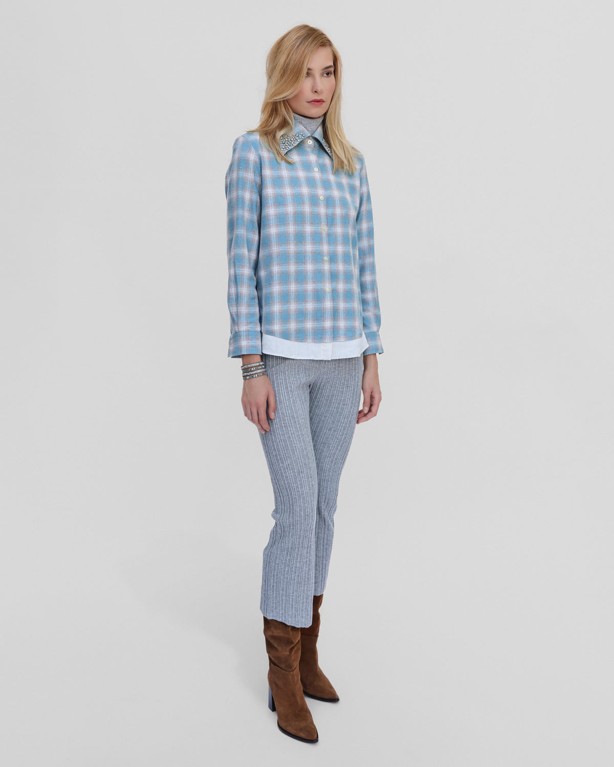 Europa Plaid Flannel Beaded Collar Shirt