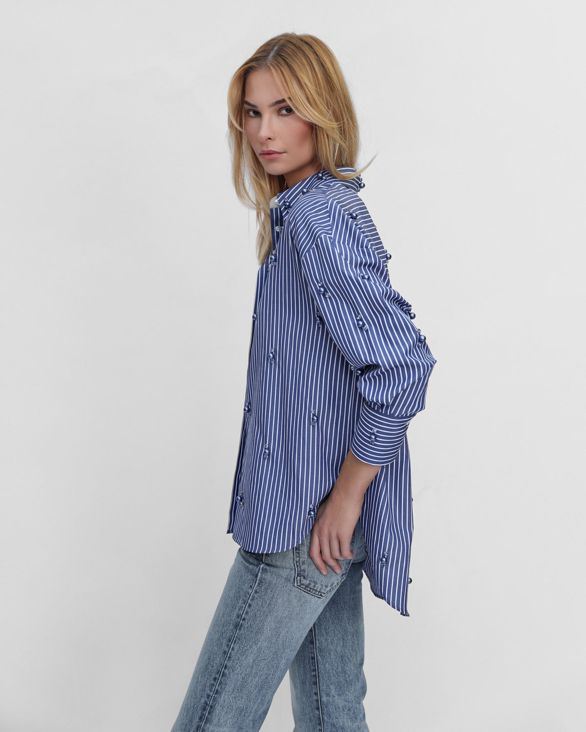 Echo Stripe Crystal Boyfriend Shirt